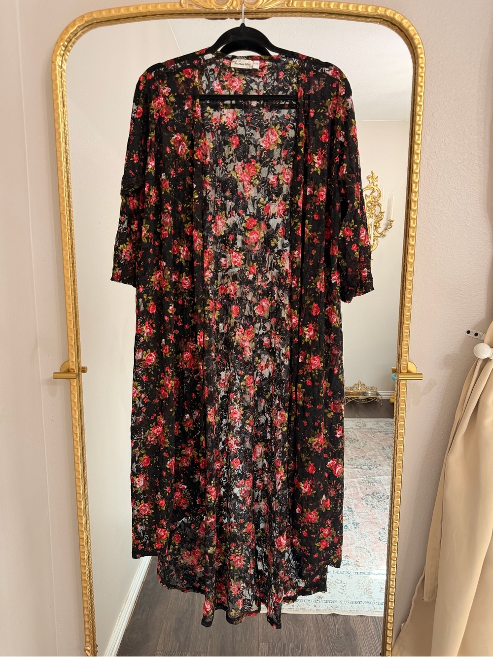 Floral Longline Kimono Jacket - Black with Red Rose Print